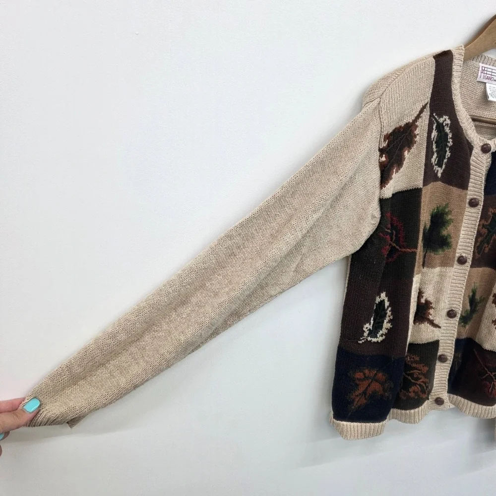 Vintage Milano Womens L Fall‎ Leaf Patchwork Cardigan Sweater Rustic Earthy Knit